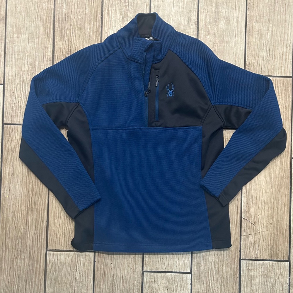 Spyder Mens Blue Black Quarter Zip Grid Fleece Pullover Jacket Large 1619902
